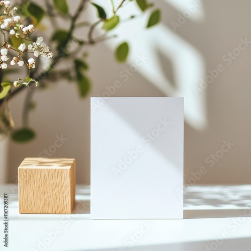 Minimalist decor with dried flowers in a wooden vase and blank card on a soft...
