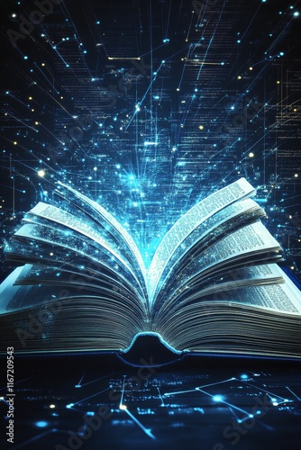 Enchanting book with glowing pages and floating letters in dark atmosphere