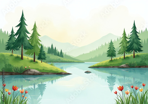 cute watercolor illustrations nature scenes trees lakes promote sustainable living photo