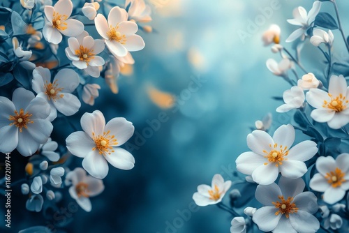 Elegant white flowers arranged artfully on a blue background showcasing natur...