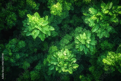 aerial view of a lush green forest canopy with sunlight filtering through the leaves casting dappled shadows on the vibrant foliage the scene radiates tranquility and the beauty of untouched nature