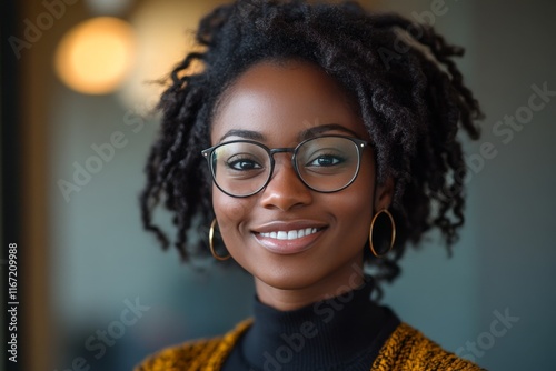 Young woman with curly hair and glasses smiling indoors in a modern environment