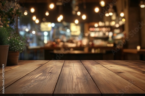 Rustic wooden table in a warmly lit outdoor caf setting during evening hours