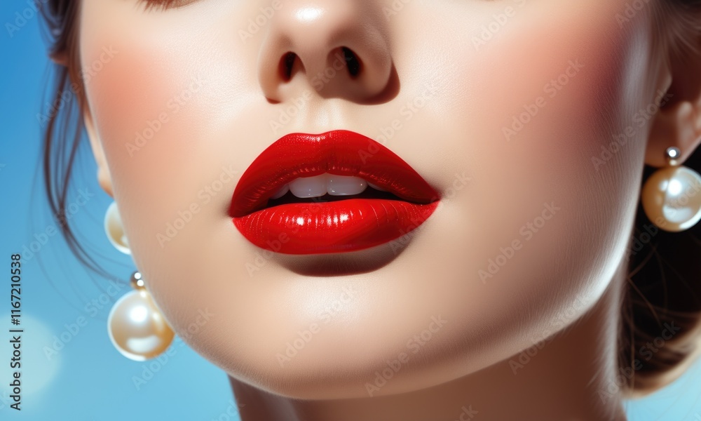 Glamorous red lips and pearl earrings against bright blue background Glamorous red lips and pearl earrings against bright blue background