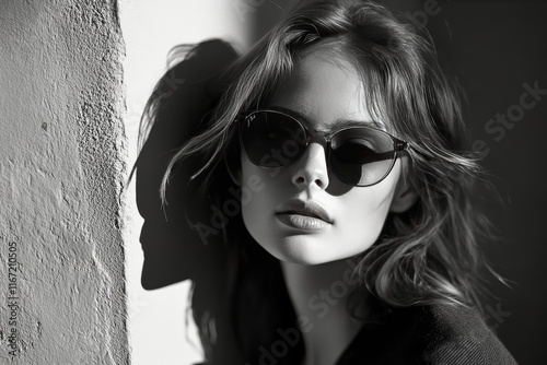 Young woman with sunglasses poses confidently against a wall in black and white