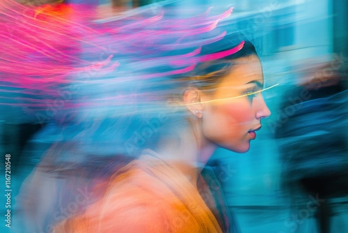 Urban nightlife captured with vibrant colors and motion blur in a bustling ci...