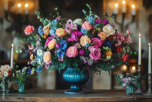 Colorful floral arrangement with candles creating a warm ambiance in a cozy s...