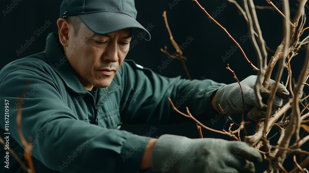 Obraz premium Proud Gardener Moving Branches in Dramatic Black Setting