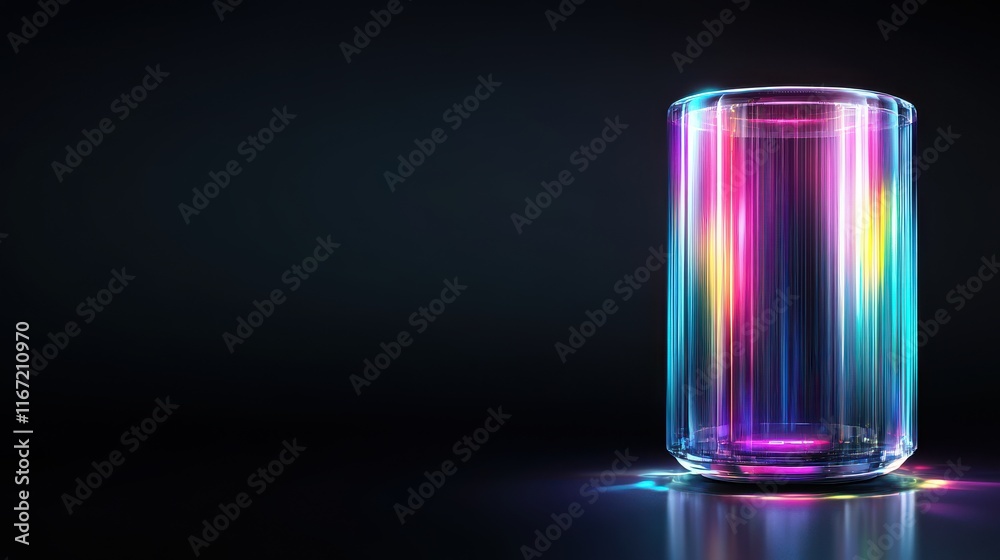 A vibrant, illuminated glass cylinder reflecting colorful light against a dark background. A vibrant, illuminated glass cylinder reflecting colorful light against a dark background.