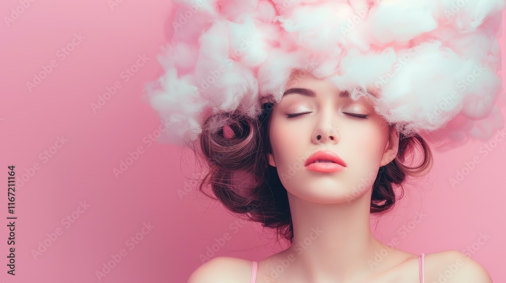Beautiful young woman with cloud on her head on a pink background Beautiful young woman with cloud on her head on a pink background