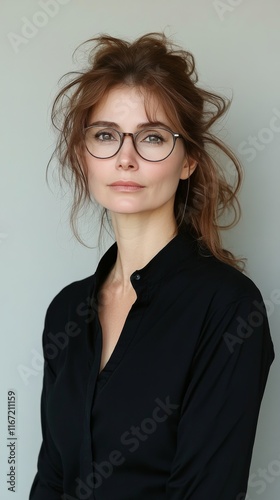 Young woman with glasses posing in a stylish black outfit near a window in br...