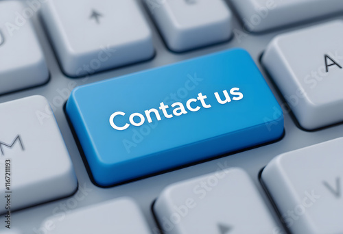 Contact Us Button, Blue Keyboard Key, Online Contact, Email Icon on Keyboard, Reach Us, Contact Key Close-up