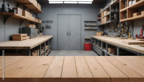 An empty wooden tabletop with a blurred background of tool rooms, An empty wooden tabletop with a blurred background of tool rooms photo