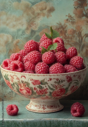 Fresh raspberries in a decorative bowl with floral design on a rustic background