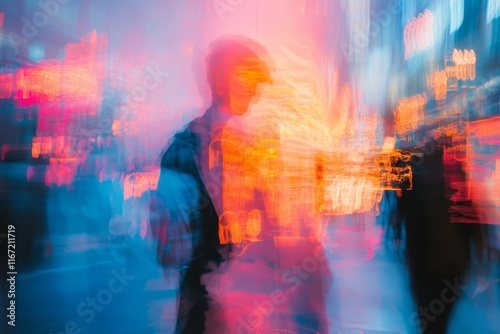 Urban nightlife captured with vibrant colors and motion blur in a bustling ci...
