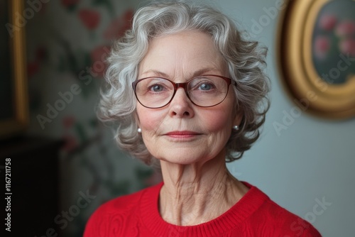 Thoughtful elderly woman in glasses gazes out thoughtfully from a cozy indoor...