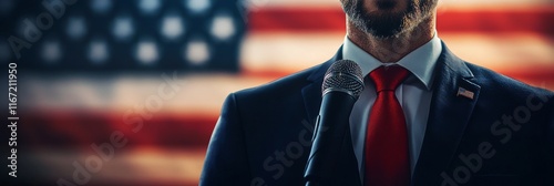 Speaker holds microphone in formal setting with red background during a publi...