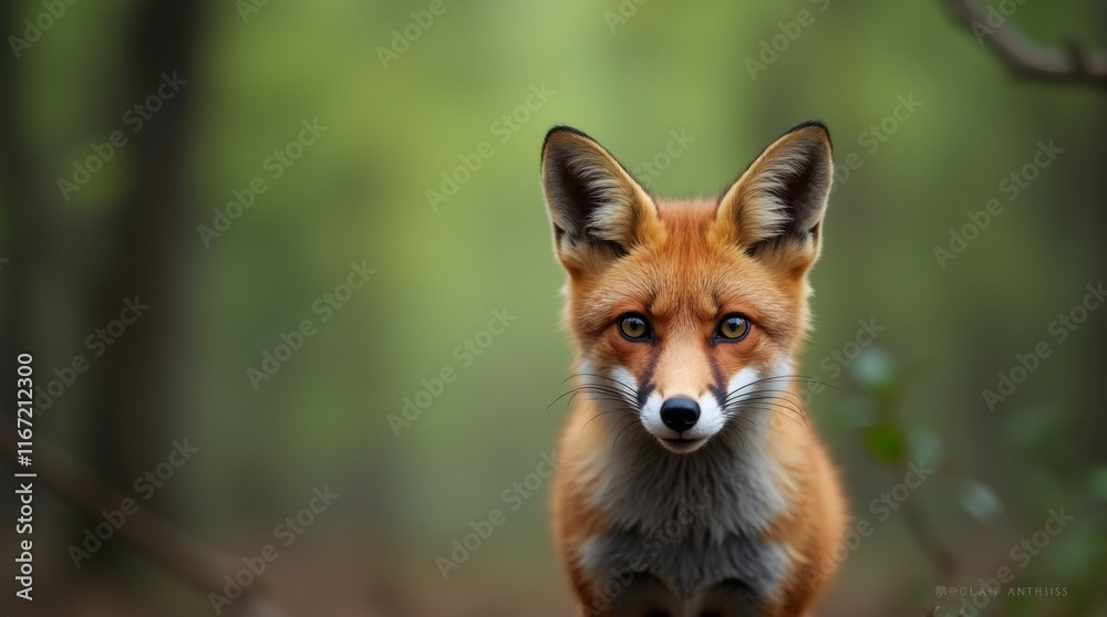 Fototapeta premium A curious fox peeks through the underbrush of a lush forest, its vibrant orange fur contrasting beautifully with the green foliage. The sunlight filters through the trees, casting dappled shadows 
