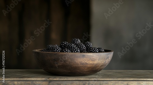 Fresh blackberries in a rustic wooden bowl on a weathered table