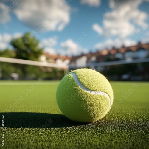 Bright green tennis ball resting on court near residential buildings on a sun...