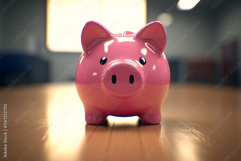 Cute Pink Piggy Bank on a Wooden Table in a Bright Room, Symbolizing Savings, Finance, and Money Management for Personal Finance Concepts and Education Cute Pink Piggy Bank on a Wooden Table in a Bright Room, Symbolizing Savings, Finance, and Money Management for Personal Finance Concepts and Education
