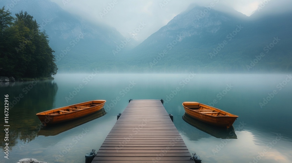 Serene Mountain Lake with Boats and Fog Serene Mountain Lake with Boats and Fog