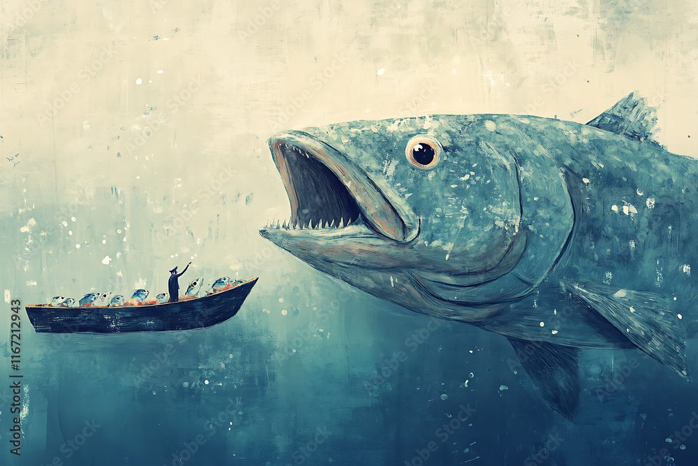 Fototapeta premium A giant fish approaches a small boat with a fisherman, creating a whimsical underwater scene.