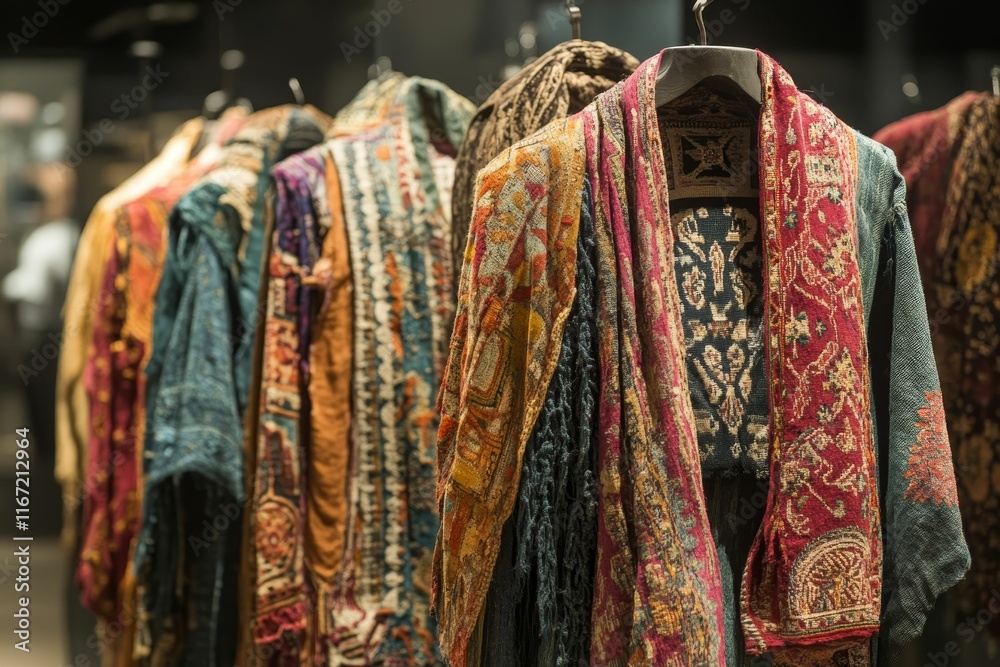 Fototapeta premium Ornate patterned textiles hang on racks.