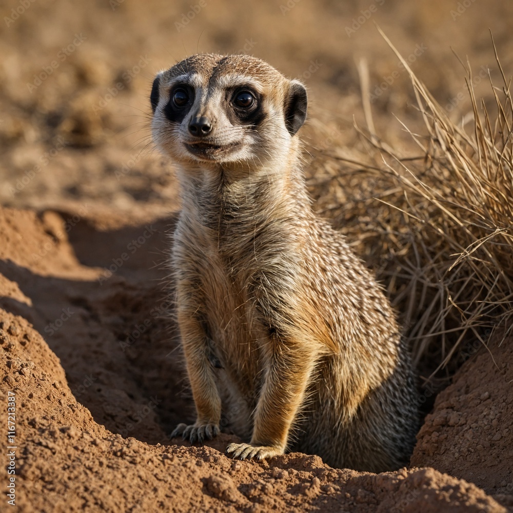 A meerkat peering out of its burrow with the African savannah stretching out in front. A meerkat peering out of its burrow with the African savannah stretching out in front.