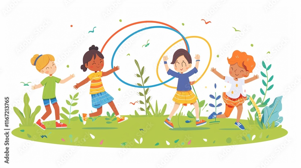 Playful Children Twisting Hula Hoop in Park - Outdoor Fun Activity Playful Children Twisting Hula Hoop in Park - Outdoor Fun Activity