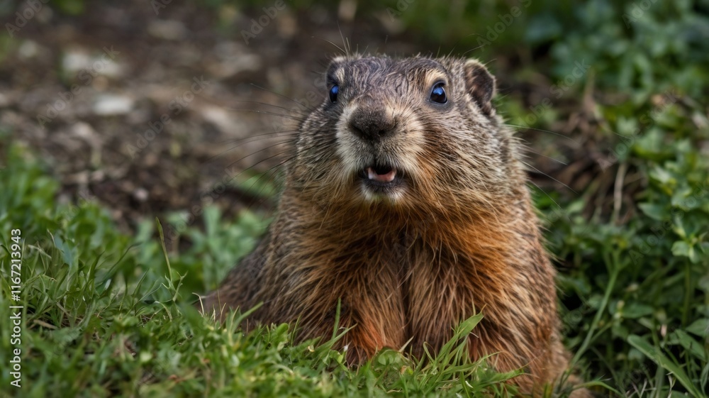 A close-up portrait of a groundhog peeking out from its burrow, with its whiskers and fur clearly visible. The background features soft earth tones, emphasizing the groundhog's connection to its envir A close-up portrait of a groundhog peeking out from its burrow, with its whiskers and fur clearly visible. The background features soft earth tones, emphasizing the groundhog's connection to its envir