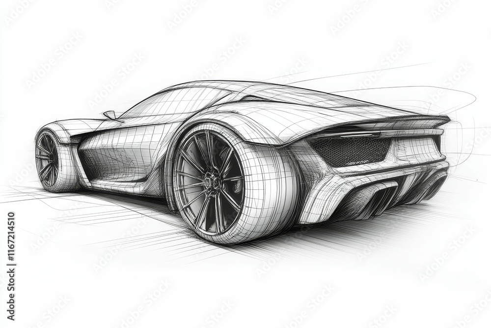 Naklejka premium Sketch of sleek, futuristic sports car, rear view.