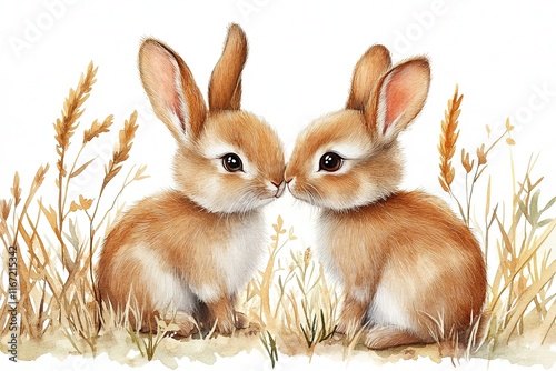 Two adorable rabbits nuzzling in a field of grass, showcasing their playful interaction.