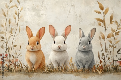 Three adorable rabbits in a serene, natural setting with soft colors and gentle foliage.