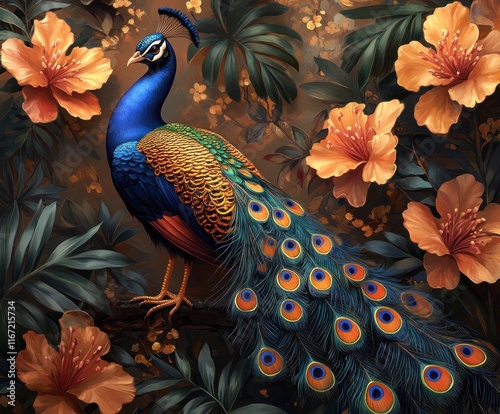 Colorful Peacock with Tropical Plants and Decorative Floral Patterns in Vibrant Persian Art Style photo