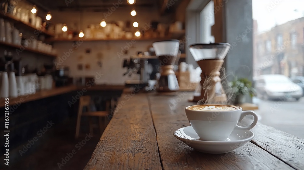 Steaming cappuccino on rustic wooden counter in cozy cafe. Steaming cappuccino on rustic wooden counter in cozy cafe.