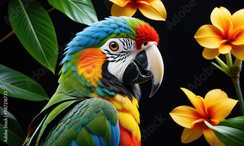 Vibrant macaw portrait with colorful plumage and exotic flowers photo