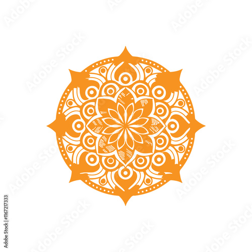 Top view of a ceramic plate showcasing a detailed floral mandala design in vibrant orange and teal colors, isolated on white background.