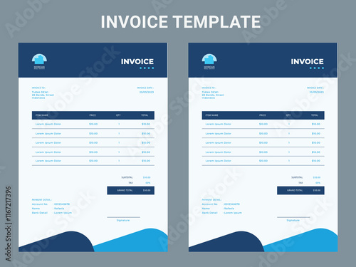 Abstract modern colorful business invoice template. color variation creative invoice Template Paper Sheet Include Accounting, Price, Tax, and Quantity. With color variation Vector illustration of Fina