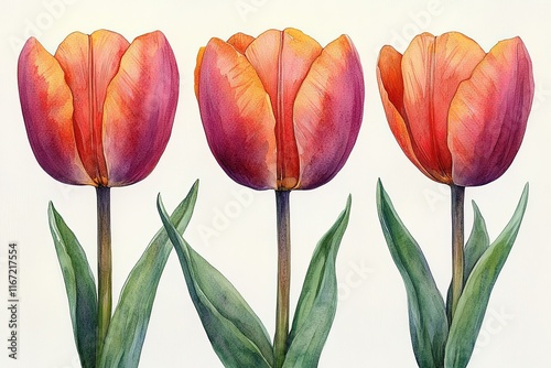 Three vibrant tulips with green leaves, showcasing botanical beauty and detail.