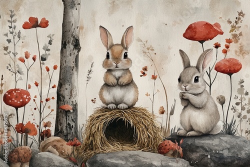 A whimsical illustration of two rabbits among flowers and mushrooms in a serene landscape.