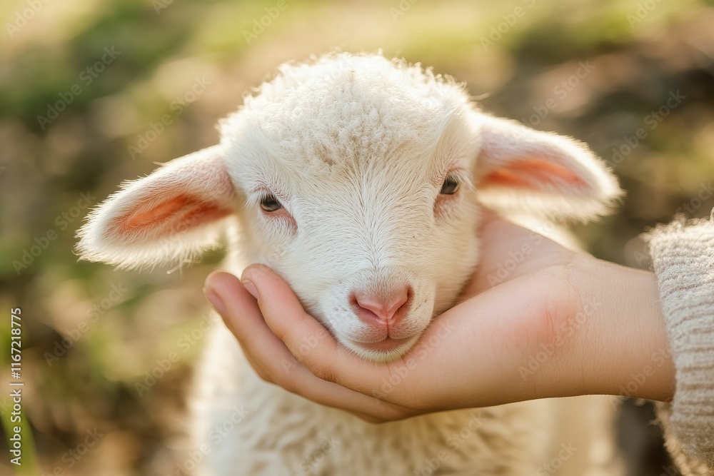 Naklejka premium Soft lamb gently cradled in hand outdoors.