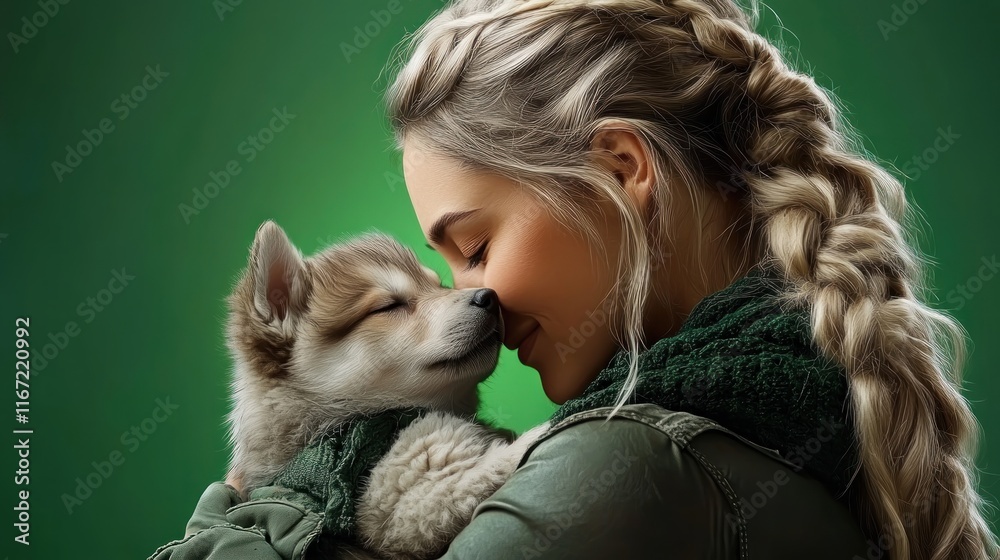 Capture the essence of maternal affection with a tender embrace showcasing the bond between a caregiver and their baby, as a woman holds a puppy close to her heart, radiating a sense of bond and a Capture the essence of maternal affection with a tender embrace showcasing the bond between a caregiver and their baby, as a woman holds a puppy close to her heart, radiating a sense of bond and a