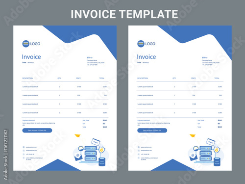 Abstract modern colorful business invoice template. color variation creative invoice Template Paper Sheet Include Accounting, Price, Tax, and Quantity. With color variation Vector illustration of Fina