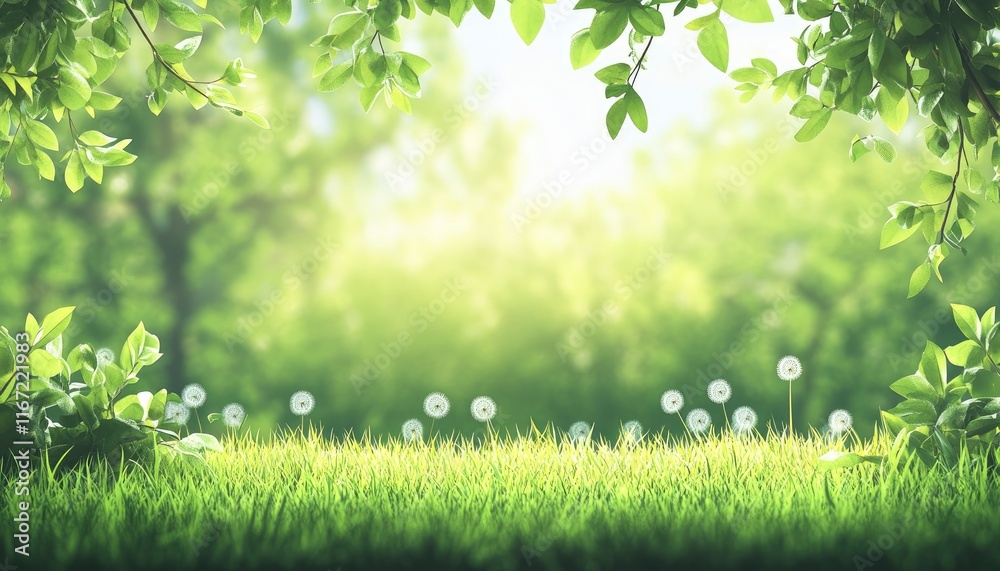 Beautiful spring background with a meadow and trees, with space for text, green grass in the foreground, a sunny day, dandelions, sun rays of light through the leaves, fresh air, a spring landscape Beautiful spring background with a meadow and trees, with space for text, green grass in the foreground, a sunny day, dandelions, sun rays of light through the leaves, fresh air, a spring landscape