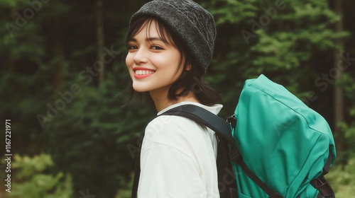 Young Asian woman hiking with green backpack in forest