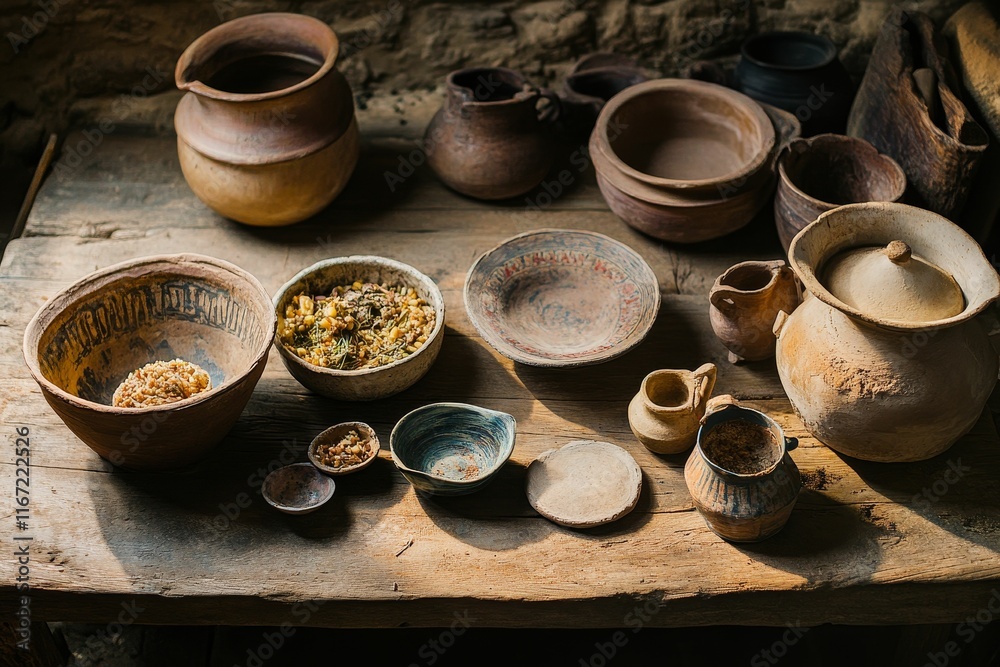 Ancient pottery, food, wooden table, sunlight. Ancient pottery, food, wooden table, sunlight.