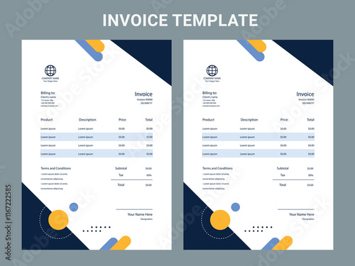 Abstract modern colorful business invoice template. color variation creative invoice Template Paper Sheet Include Accounting, Price, Tax, and Quantity. With color variation Vector illustration of Fina