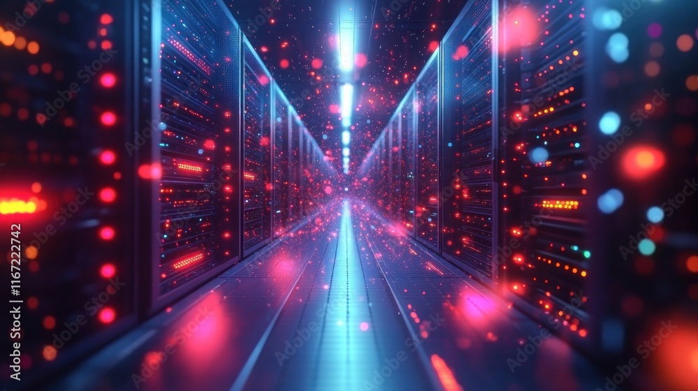 Obraz premium Futuristic Data Center with Neon Lights and Server Racks Emphasizing Cloud Computing and Data Connectivity