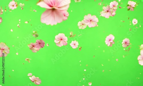 Pink sakura cherry petals falling on green screen. Generative AI